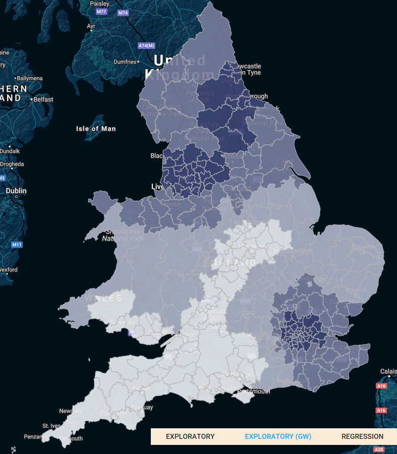 Figure 4: Choropleth maps illustrating the crime rate in England and Wales, by raw crime rate (left) and GW-mean crime rate (right), shown by quartiles