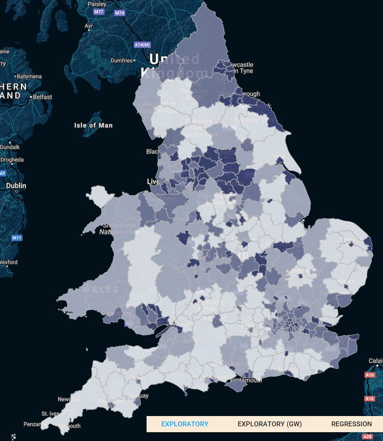 Figure 4: Choropleth maps illustrating the crime rate in England and Wales, by raw crime rate (left) and GW-mean crime rate (right), shown by quartiles