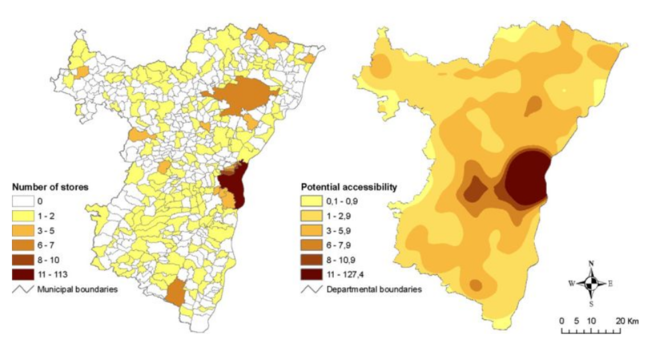 Maps of number of grocery stores (left) and potential accessibility surface(right)