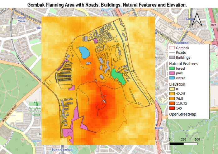 Gombak Planning Subzone with Roads, Buildings, Natural Features and Elevation