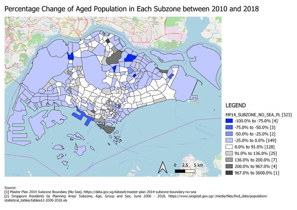 Map 5: Percentage Change of Aged Population in Each Subzone between 2010 and 2018