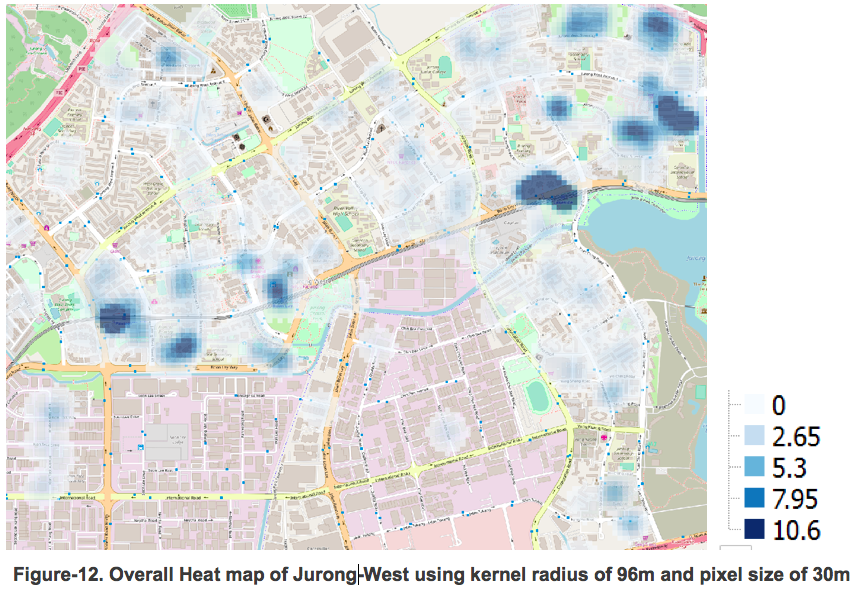 ANLY Group 08 27 Figure12 Overall heat map of Jurong-west using kernel darius of 96m and pixel size of 30m.png